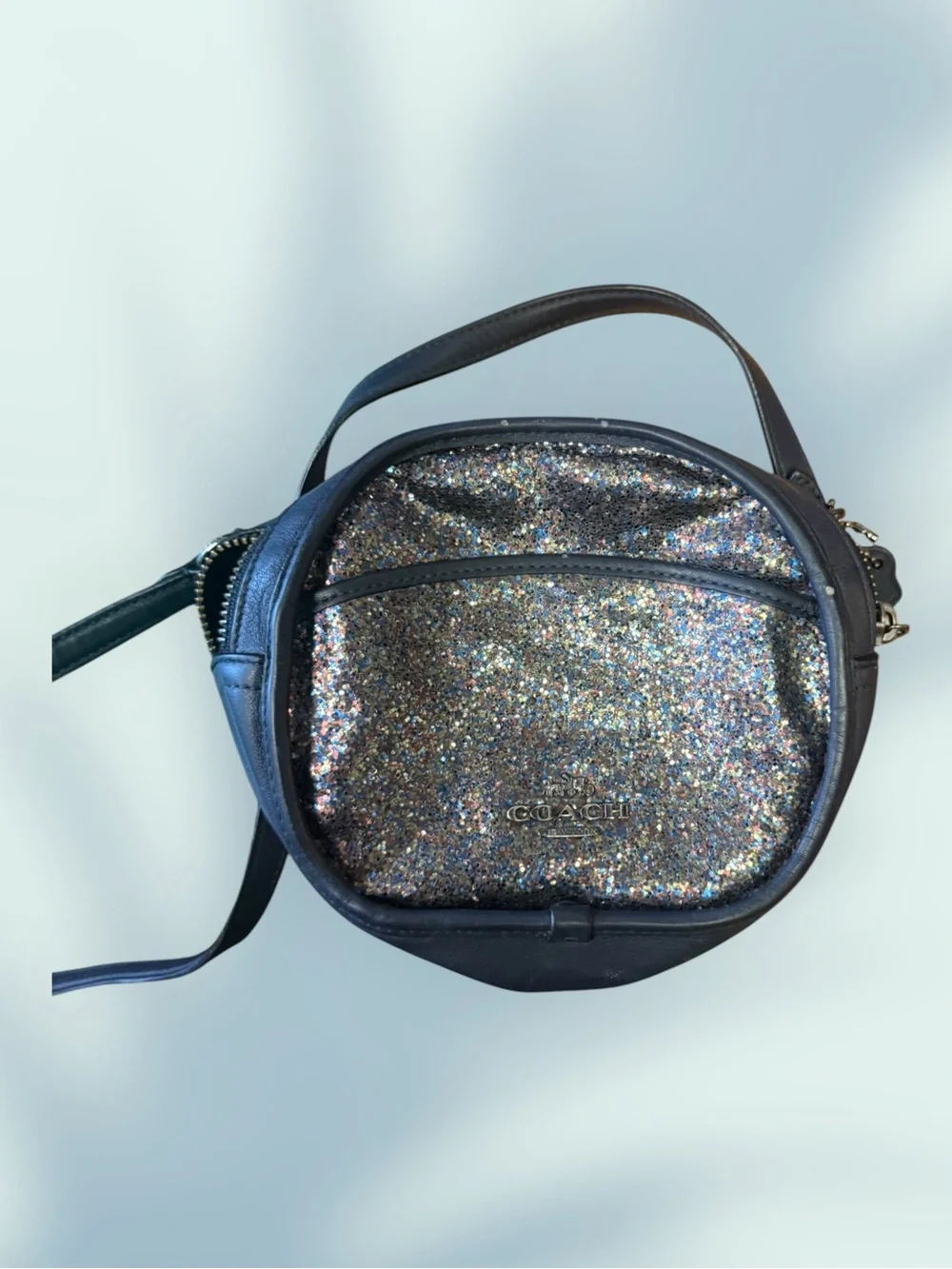 Coach Small Black Leather Round Crossbody with Silver Sequin Front